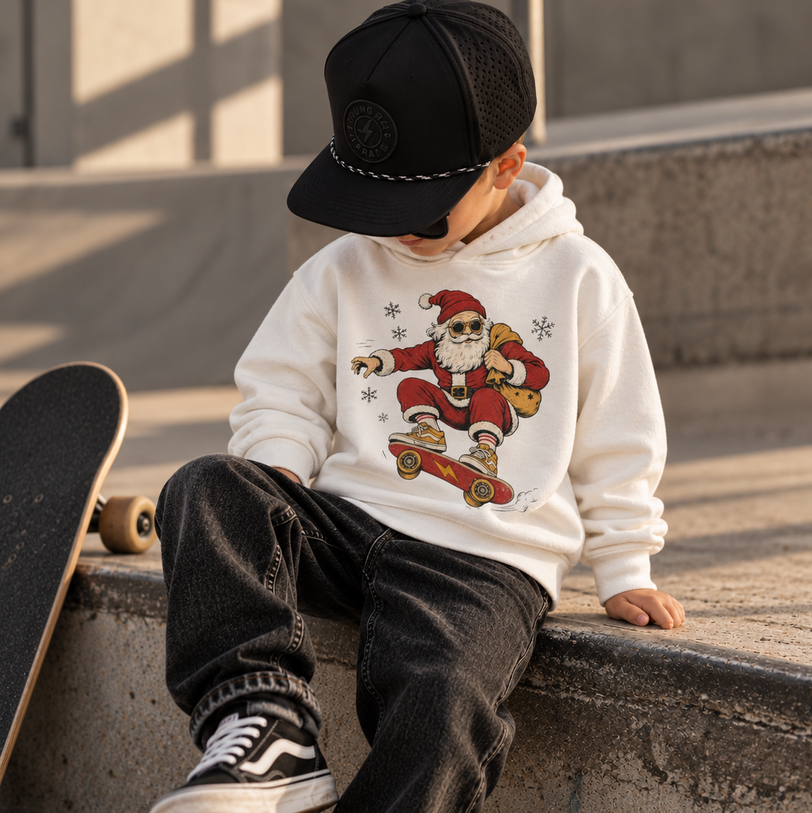 A child wearing a white hoodie with a Santa Claus graphic, black jeans, and a black cap sits on concrete steps next to a skateboard in an outdoor urban setting.