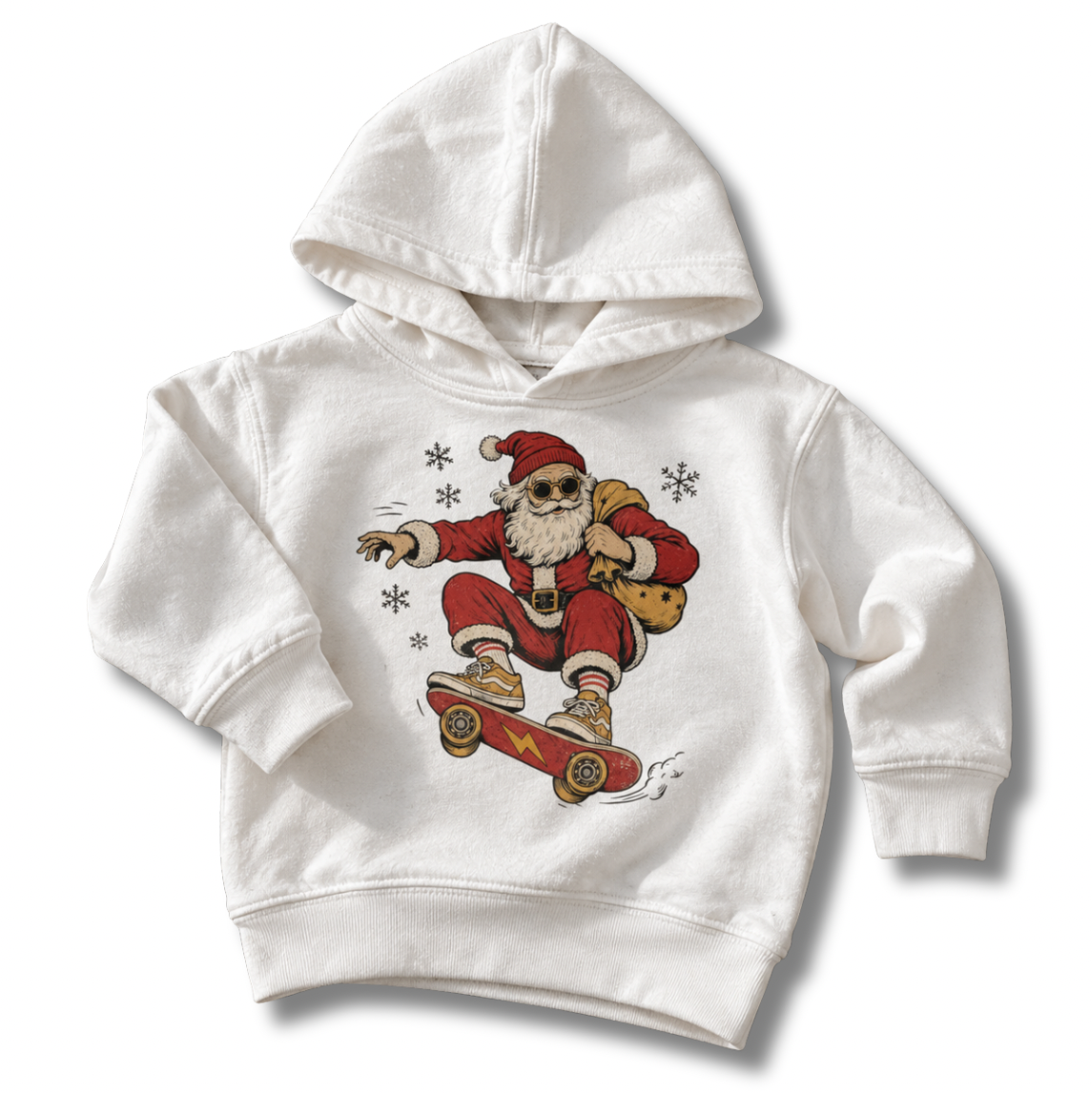 A white kids' pullover hoodie featuring a cartoon graphic of Santa Claus riding a skateboard with a sack on his back, surrounded by small snowflakes.