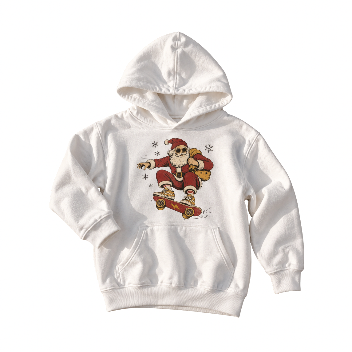 A white pullover hoodie featuring a graphic print of a cartoon Santa Claus wearing sunglasses and riding a skateboard, set against a plain white background.