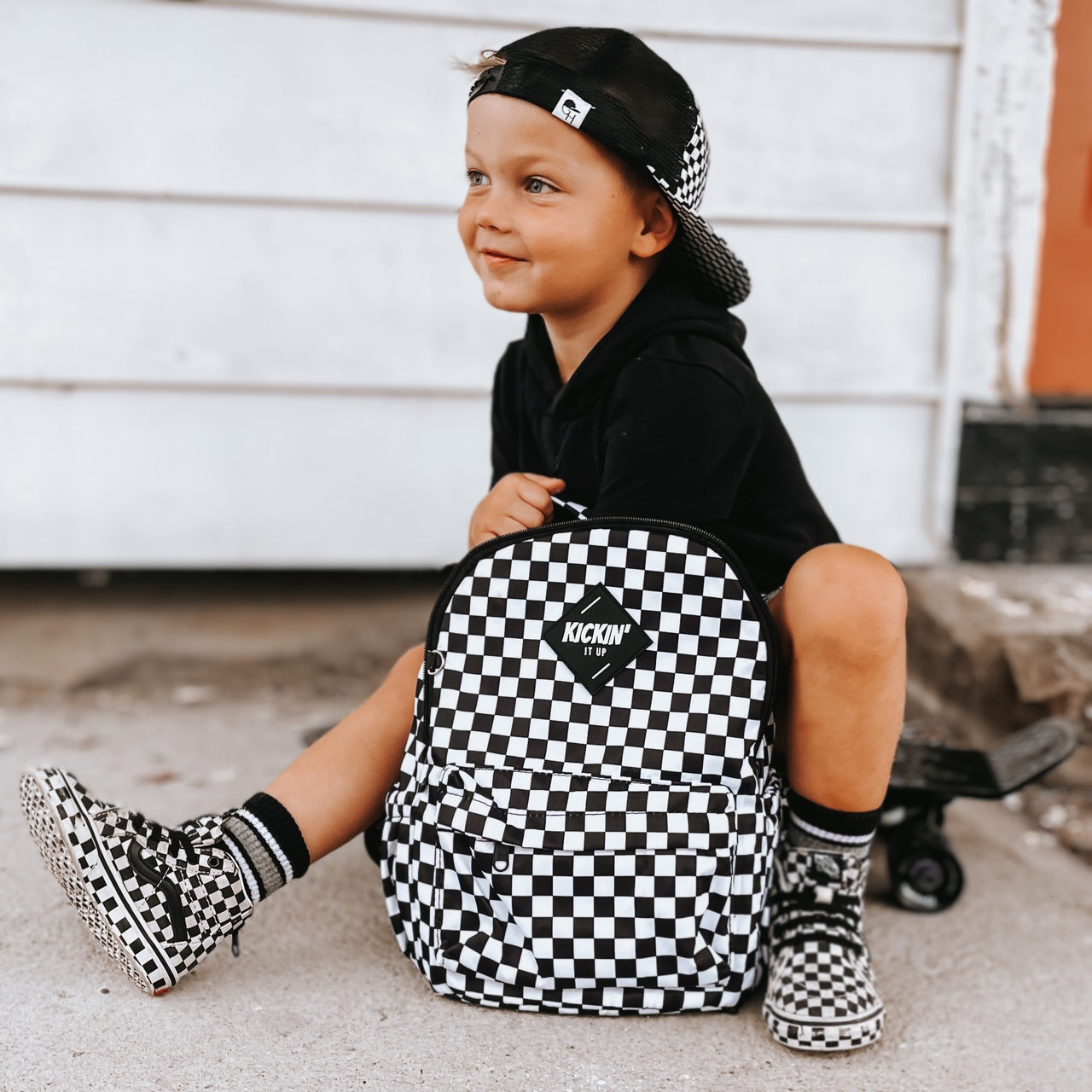 Mid-Size Black Checkered Backpack