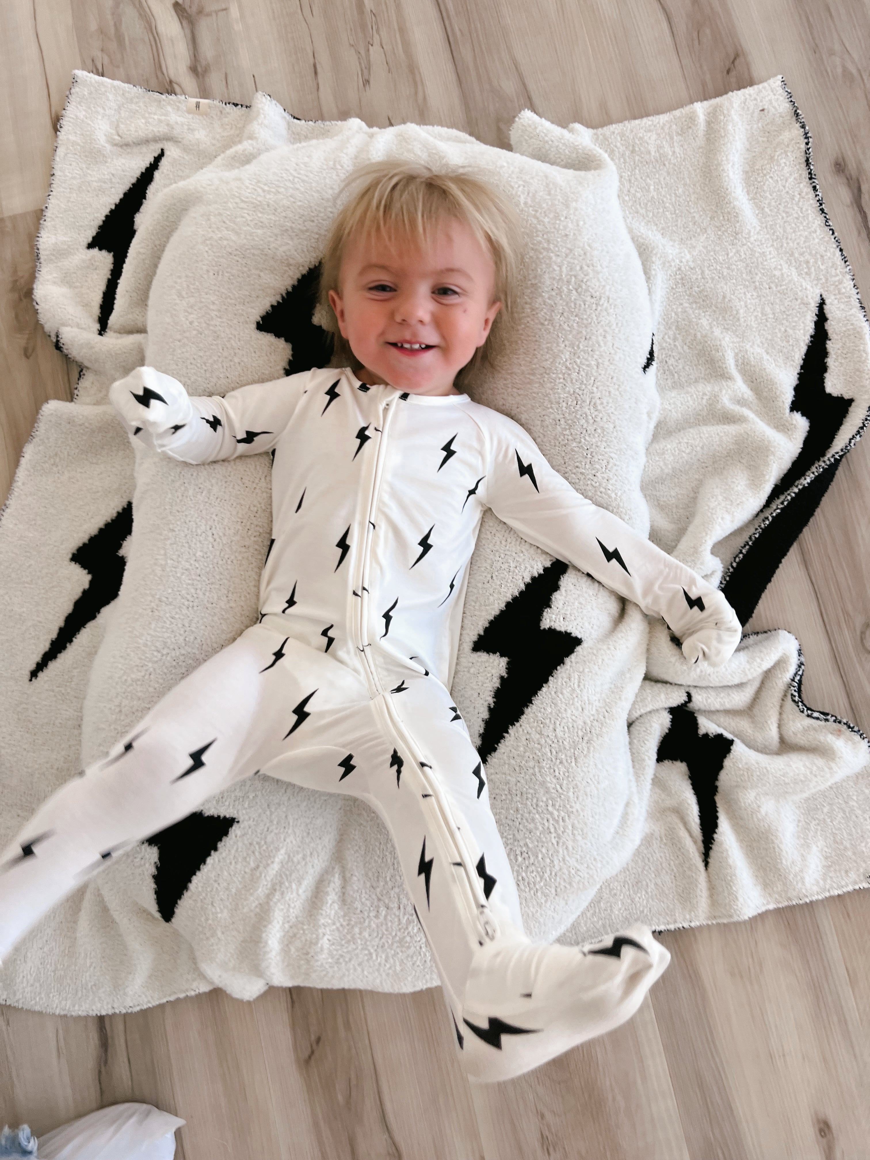 Bamboo Zip Pajamas | White & Black Lightning Bolt