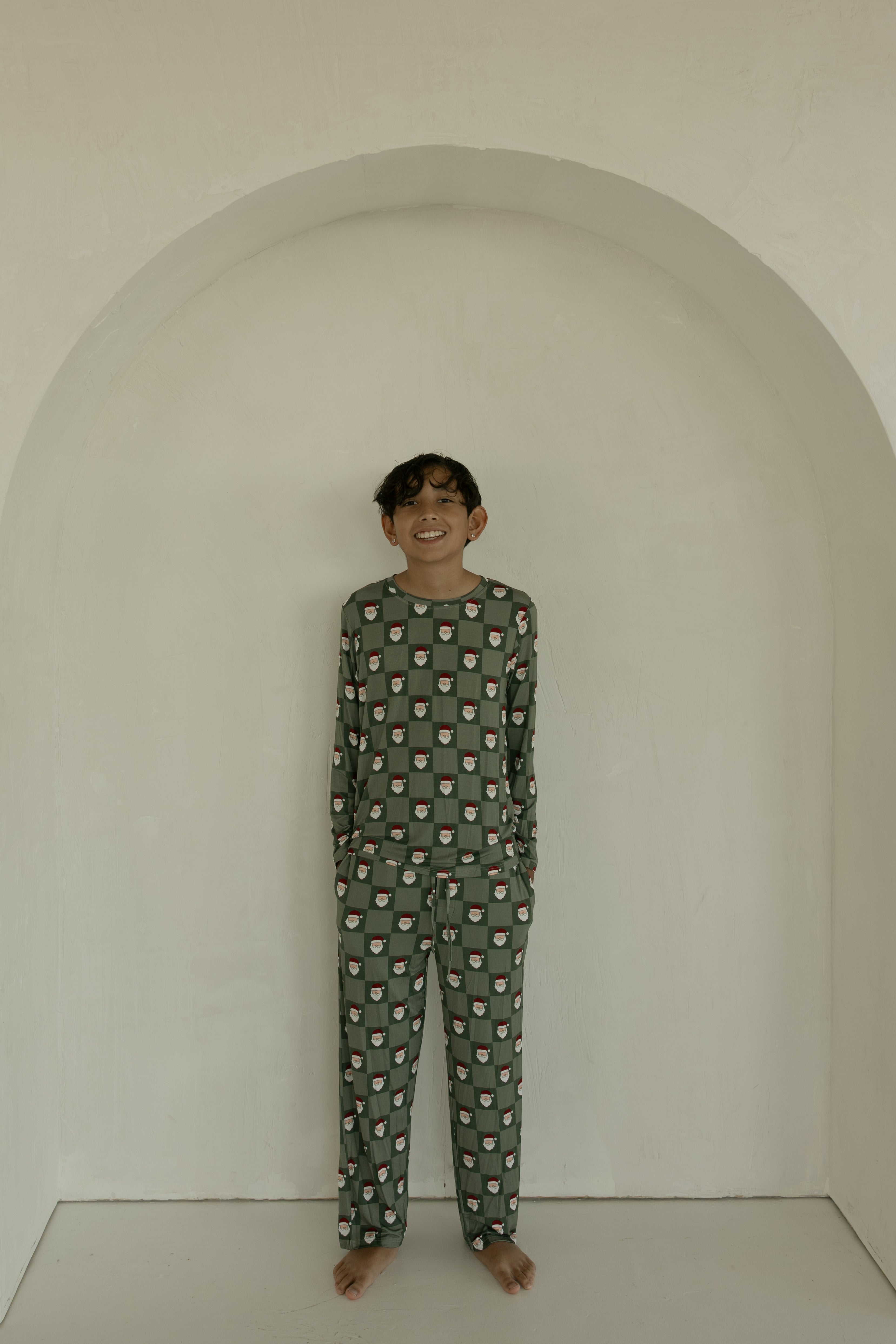 Pre-Teen Straight Leg Bamboo Pajamas | Santa Checkerboard